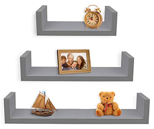 Greenco Set of 3 Floating “U” Shelves, Easy-to-Assemble Floating Wall Mount Shelves for Bedrooms and Living Rooms, Grey Finish