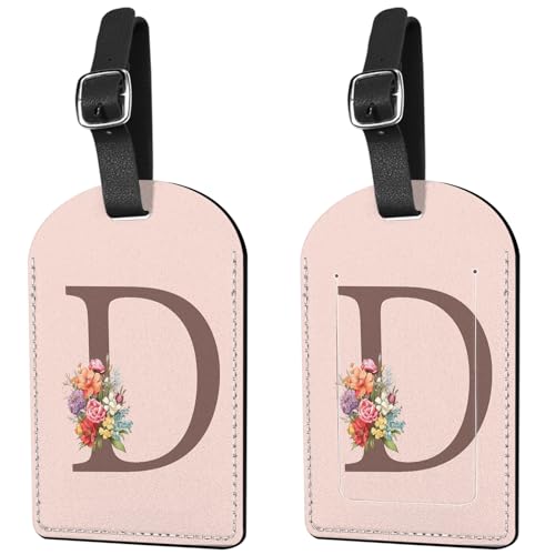 Deokke 2 Pack Luggage Tag Suitcase Tags Initial Letter Monogram PU Leather Cover Aesthetic Cute Monogrammed Travel Bag Labels for Women Girls Men (D)