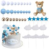 Materiales de Alta Calidad: El topper de oso para pastel está hecho de arcilla polimérica y es reutilizable, mientras que las bolas están hechas de poliestireno y las estrellas de plástico resistente.
