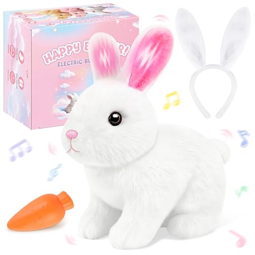 LAITYUM Realistic Bunny for Kids - Interactive Hopping Bunny Toy Set with Bunny Ears, Electric Lifelike Robot Rabbit that Move, Walking Barking and Wagging Tail Bunby Stuffed Animal with Sounds,White