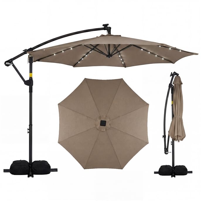COSTWAY Sombrilla Terraza Exterior con Base, Parasol Excentrico con 32 Luces LED, Rotación de 360°, Manivela, Sacos de Arena, Sombrilla Jardín Grande para Patio Terraza (300 x 300 cm（con Luz）,Café)