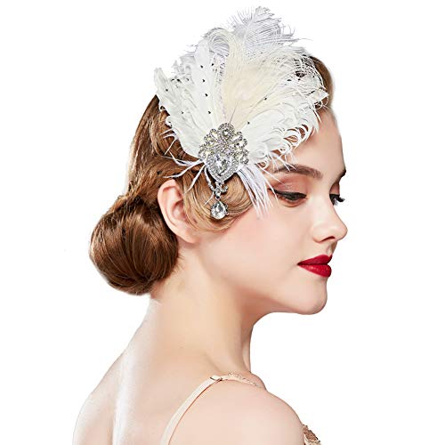 BABEYOND 1920s Flapper Hair Clip 20s Great Gatsby Headpiece Peacock Feather Clip 1920s Flapper Gatsby Hair Accessories (Peacock-Style2-White)