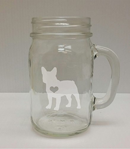 French Bulldog Frenchie Love 16oz Glass Mason Jar - Hand Etched - Made in the USA, Great for gifts