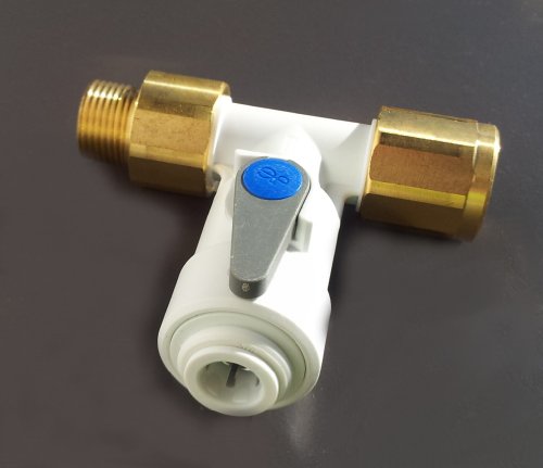 T-Stück 3/8" Zoll IG u. AG auf 1/4" John Guest Steckverbindung (6,35mm), 3/8x1/4", um nach dem Eckventil eine Abzweigung zu Umkehrosmose, Filter o. Ionisierer zu schaffen. Winkel-Absperr-Ventil mit Rückfluß-Sperre Cover