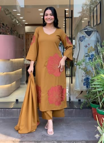 Image of ANNI Designer Women's Rayon Viscose Straight Printed Kurta with Palazzo and Dupatta | Soft Breathable Fabric | Elegant Ethnic Outfit for Office, Casual Outings and Festive Styling