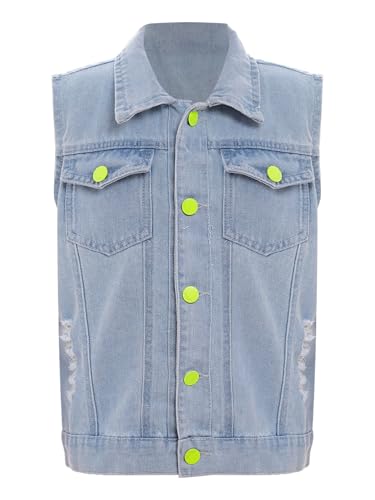 FEESHOW Girls Kids Lapel Retro Ripped Denim Vest Button-Down Waistcoat Sleeveless Jean Jacket Outerwear Daily Wear