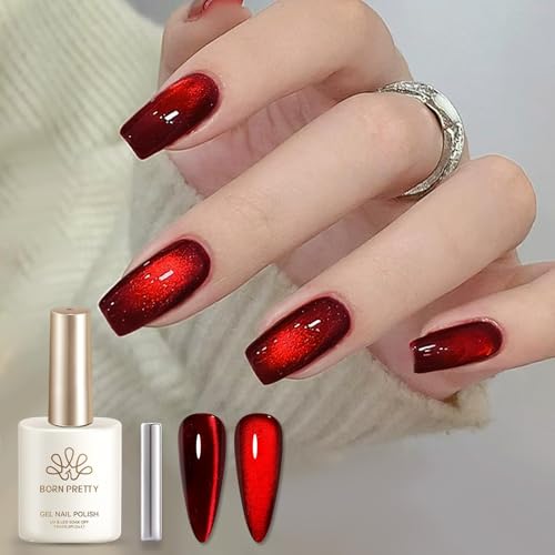 BORN PRETTY レッドキャットアイ マグネティック ジェルネイルポリッシュ、15ml ルビーレッド グリッター ジェリー グラス マグネティック ジェルネイルポリッシュ、サロン級DIYの商品画像（Amazon）
