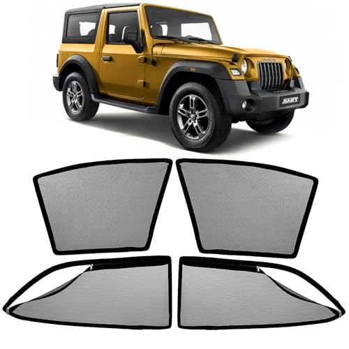Image of AutoStory Magnetic Car Sunshade for Thar 2020-2025 | Front Half Cut for Mirror Visibility + Rear Full Coverage with Zipper | Heavy Heat & UV Protection | Privacy Side Window Curtains Shades