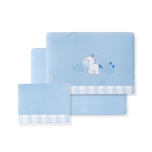 Set di 3 Lenzuola per Mini Culla Neonato in CORALINA Unicornio Nube blu · Lenzuolo Invernale Extra Caldo per Mini Lettino
