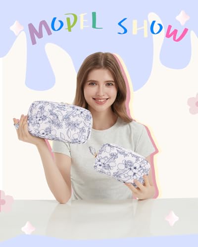 Image of Narwey Cute Makeup Bag Small Toiletry Bag Travel Cosmetic Bag Organizer Make Up Bags with Organized Pockets for Women (Navy Blue Flower, Large)