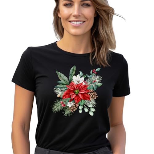 Personalized Handmade Beautiful Watercolor Poinsettia Christmas Shirt, Soft Holiday Tee, Festive Christmas Flowers T-Shirt, Perfect Christmas Gift