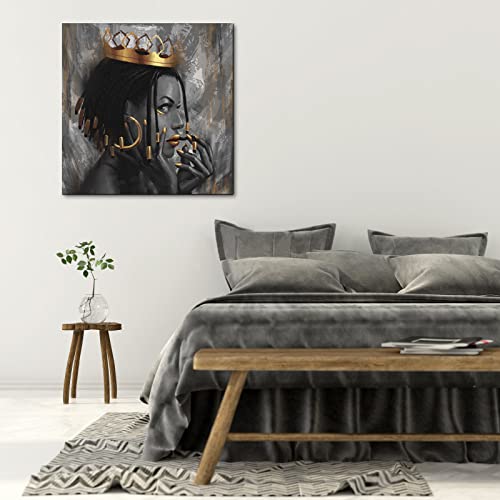 Lovehouse African American Canvas Wall Art Original Designed Gold Black Fashion Women Portrait Wall Decor Canvas Print Framed Picture Painting For Bedroom Living Room Home Decorations 20X20 Inch #TOP2