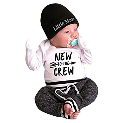 PPangUDing Bekleidungsset Neugeborenes Baby Jungen Mädchen 3tlg Langarm Baumwolle Brief Bedruckte Strampler Tops + Lange Hosen + Hüte Mode Wild Warme Outfits Set Babykleidung (0-3M,Weiß)