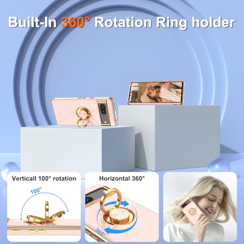Gritup for Google Pixel 7 Case | 2Pcs Screen Protector | 360° Rotation Ring Holder Magnetic Kickstand | Plating Gold Edge Soft TPU Protective Basic Funda para Cover for Pixel 7 Phone Pink by Gritup - Image 5