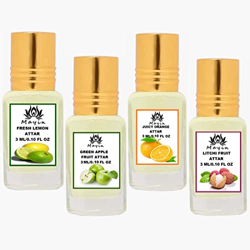 Image of Mayin Fresh Lemon, Green Apple, Juicy Orange, Litchi Fruit (Natural Itra /Attar /Perfume) Attar Gift Pack /Attar Combo /Combo Pack For Men and Women 12ml (Pack Of 4)