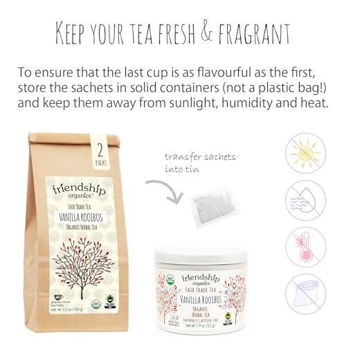 Friendship Organics Vanilla Rooibos Tea Bags, Organic and Fair Trade Herbal 40 Count (Pack of 2)