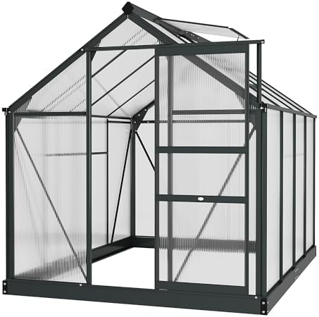 Outsunny 6' x 8' Greenhouse for Outdoors, Polycarbonate Greenhouse with Rain Gutter and Roof Vent, Aluminum Walk-in Green Houses for Outside for Patio Backyard Garden, Gray
