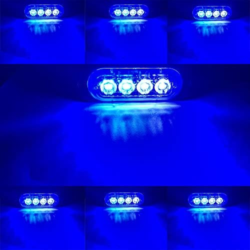 4pcs Ultra Thin 4LED Emergency Warning Lights Blue Hazard Flashing Strobe Light Bar Side Warning Light Beacon Light Universal for 12-24V Car Vehicle Truck Trailer Caravan Camper Motorcycle Van