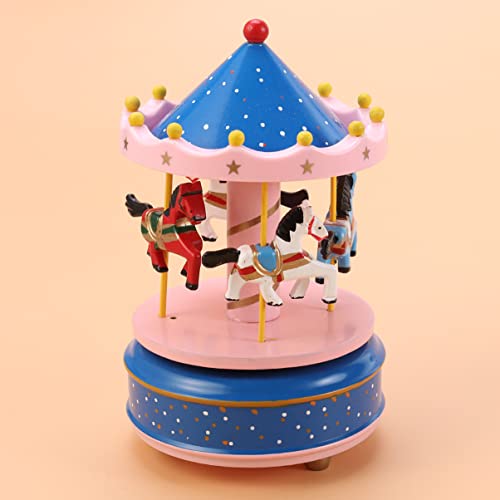 Lifkome Carousel Music Box, Wooden Carousel Music Box 3- Horse Figurine Rotating Music Box Merry- Go- Round Wooden Musical Box For Christmas Birthday Valentines Gifts (Style 3, Pink Blue) #TOP3