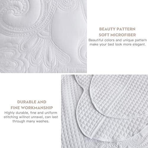 Image of Oversized King Bedspread, Stitched Paisley Quilt Set King /Cal King, Lightweight Reversible Coverlet, Scalloped Edge - Clean Classic Look, 5 Piece, Pure White
