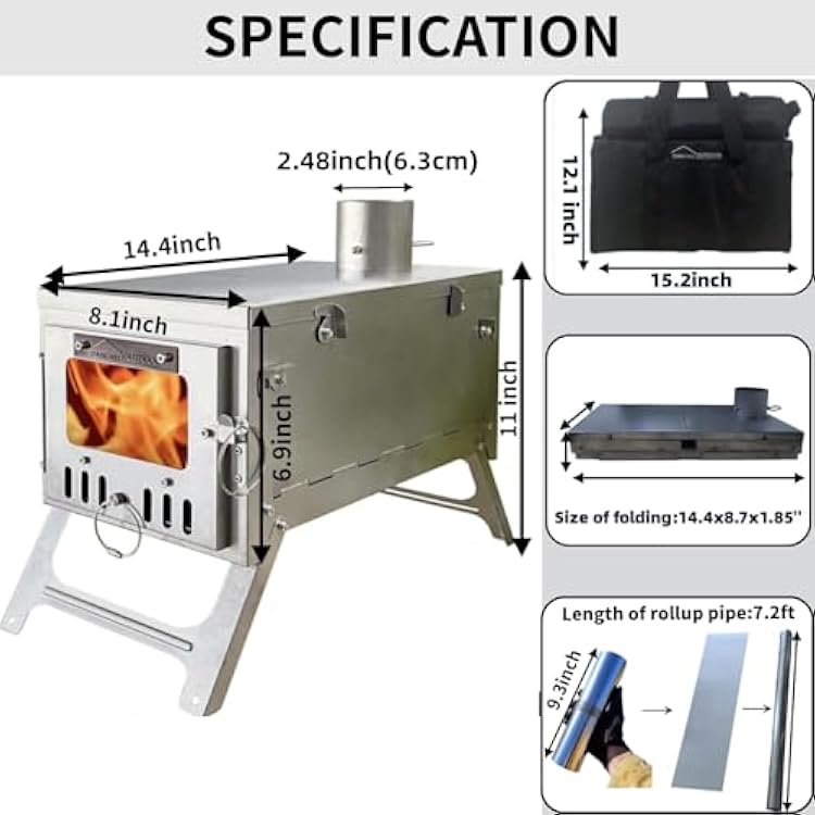 DANCHEL OUTDOOR S6 Folding Camping Stove, 304 Stainless Steel Wood Burning Stove with 7.2ft Chimney(Stove Pad Include)