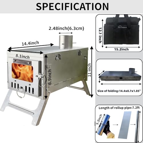 DANCHEL OUTDOOR S6 Folding Camping Stove, 304 Stainless Steel Wood Burning Stove with 7.2ft Chimney, Portable Hot Tent Stove Solo Camping Survival Backpacking, Lightweight & Compact Design