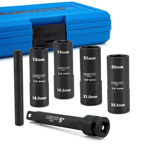Image of NEIKO 02290B Lug Nut Socket Set, 1 /2 inch Impact Thin Wall Flip Socket Set, Half Size Wheel Socket Set, Metric 6 Point, 5 inch Extension Bar & Knockout Bar, 18.5mm, 19.5mm, 21.5mm, and 22.5mm