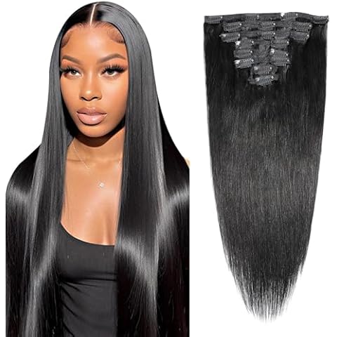 SEELAAK Straight Clip In Hair Extensions Real Human Hair for Black Women 100g 8Pcs Set Remy Brazilian Human Hair Clip In Hair Extensions 1B Natural Black Color Straight Clip Ins (12 Inch) Cover
