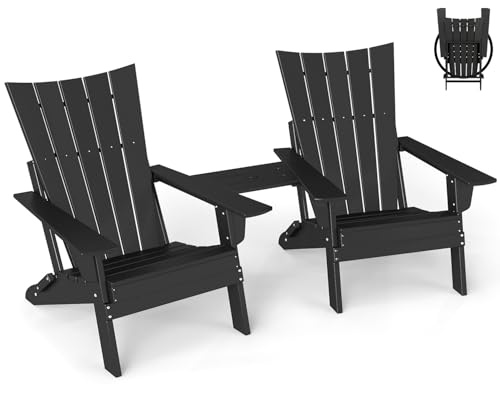 GREENVINES Folding-Adirondack-Chairs-Set-of-2 | HDPE Plastic | Arch Series | Fire Pit Chair | with Connecting Tray | Removable Table | All Weather | for Outdoor Patio Deck Poolside | Black