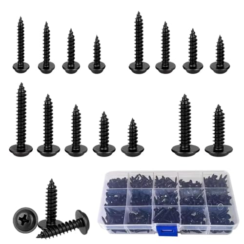 445 Pcs Phillips Pan Head Self Tapping Screws, M3 M3.5 M4 M5 Black Screws Assortment, Self Drilling Wood Screw Set Round Head Tapper Screw for Metal Plastic Wood