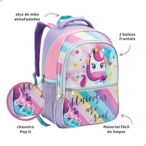 Mochila Unicornio Gatinho Escolar Creche Passeio Pequena Infantil Menina (Lilás Pop It)