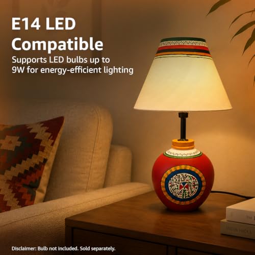 Image of Amazon Basics Warli Whispers Red Table Lamp | Hand-Painted Terracotta Kalash Base with Polyester Shade | E14 Holder | Decorative Night Lamp for Bedroom, Living Room & Study Room | Home Decor Gift