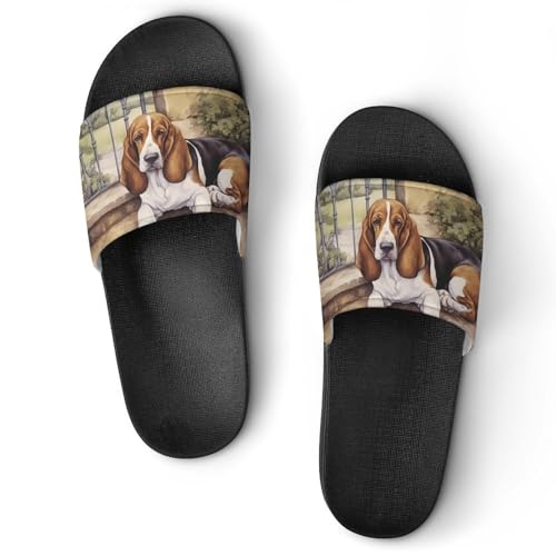Basset Hound at The Gate Non Slip Slides Sandals for Women Men Quick Drying Shower Shoes for Bathroom Pool Beach