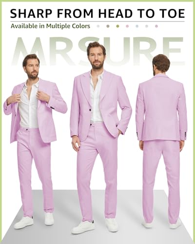 MrSure 2-Piece Mens Linen Suit, Slim Fit Blazer Pants Suit Set for Casual Beach Wedding Summer Groomsmen2