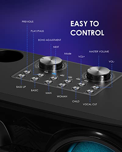 Karaoke Machine With 2 Uhf Wireless Microphones For Adults/Kids, Fullife Portable Bluetooth Pa Speaker System With Led Light/Echo/Bass Adjustment/Vocal Cut For Home Parties, Indoor/Outdoor #TOP5