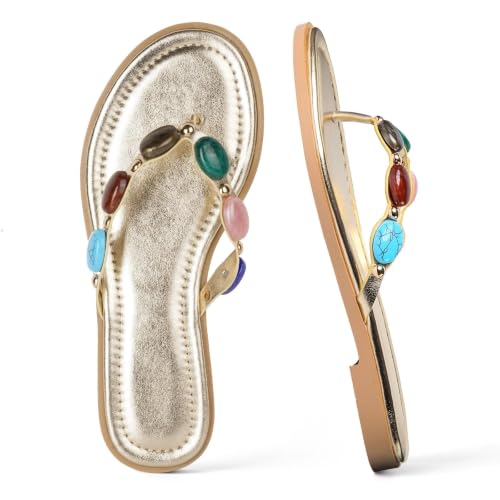 Image of DREAMSTORY Womens Beaded Flip Flops Beach Jeweled Thong Sandals | Open Round Toe, Slip on, Colorful Gemstones Embellished, Fashionable Summer Beach Style, Casual Flat Studded Shoes