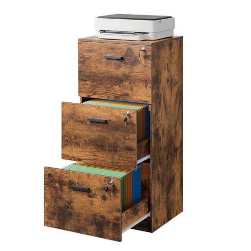 DEVAISE Rollcontainer abschließbar mit 3 Schubladen und offenen Fächern Schreibtisch Schrank für Büro Home Office Rollcontainer Braun für DIN A4/Legal/Letter