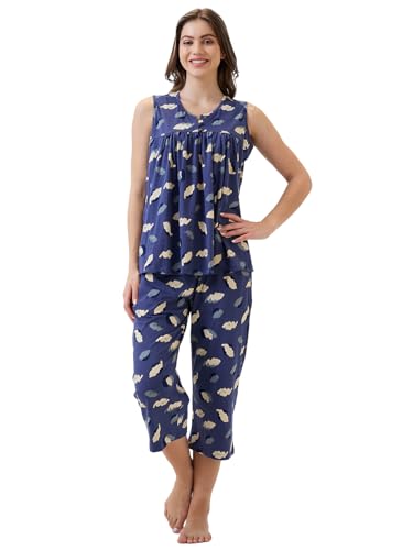 Image of AV2 Women's Cotton Printed Round Neck Sleeveless Night Suit Set | Capri Set | Casual Night Dress for Women