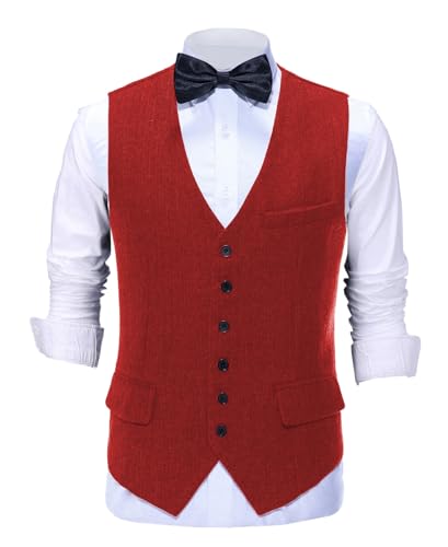 Tuikayoo Mens Herringbone Suits Vests Wool Business Tweed Retro Waistcoats Groomsman Slim Fit(3X-Large, Red)