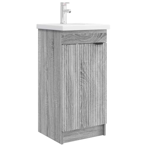 HFXHIJXQ Meuble sous Vasque Salle de Bain Moderne avec Lavabo et Robinet Inclus - Petit Ensemble Meuble Lave-Mains Compact 42x40x84,5 cm avec Étagère et Portes - Bois d'Ingénierie Gris Sonoma