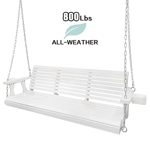 Wooden Porch Swing 3-Seater, Bench Swing With Cupholders, Hanging Chains And 7Mm Springs, Heavy Duty 800 Lbs, For Outdoor Patio Garden Yard, 5 Ft. (White) #TOP1