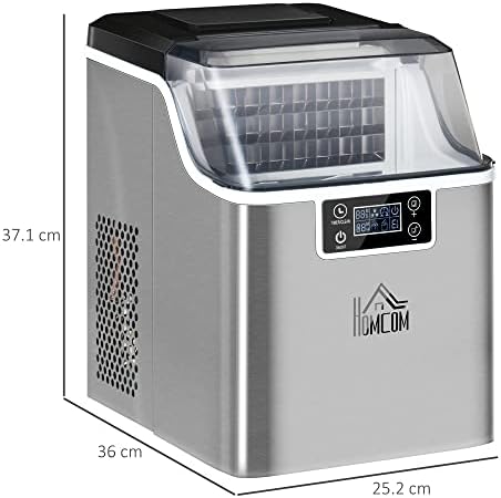 HOMCOM Ice Maker Machine Countertop, 20Kg in 24 Hrs, 24 Cubes Ready in 14-18Mins, Stainless Steel Portable Ice Cube Maker, 3.2L w/Adjustable Cube Size, Self-Cleaning, Scoop, Basket for Home, Silver