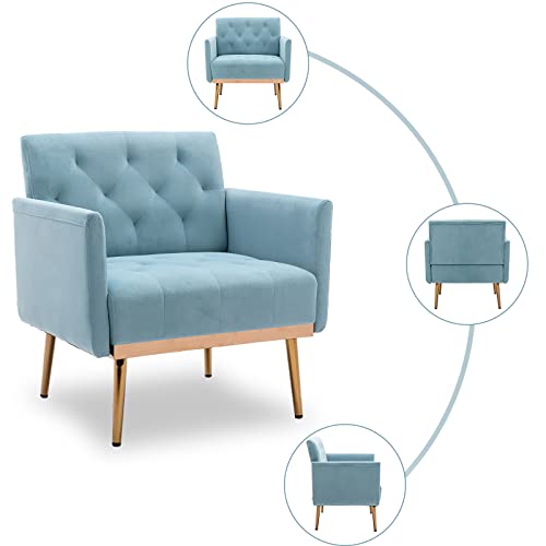 Kivenjaja Velvet Accent Chair, Modern Comfy Tufted Upholstered Armchair For Living Room & Bedroom, Reading Arm Chair Single Sofa With Rose Gold Metal Legs, Blue #TOP6