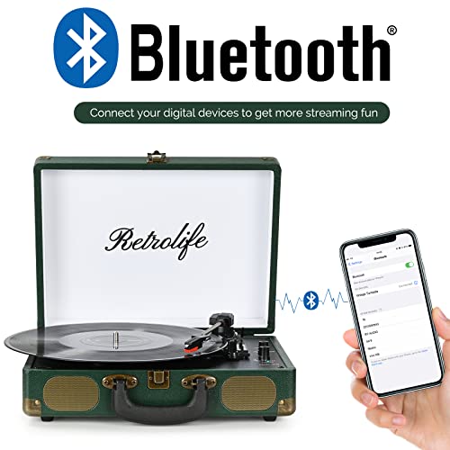 Image of Vinyl Record Player 3-Speed Bluetooth Suitcase Portable Belt-Driven Record Player with Built-in Speakers RCA Line Out AUX in Headphone Jack Vintage Turntable Dark Green