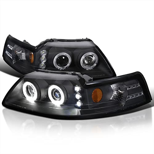 SPEC-D TUNING Dual Halo Projector Headlights Black Compatible with 1999-2004 Ford Mustang Left + Right Pair Headlamps Assembly