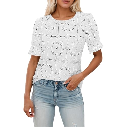 Women's Eyelet Tops Puff Short Sleeve Blouses Dressy Casual Cute Hollow Out Crochet Lace Women Running T (White, XL)