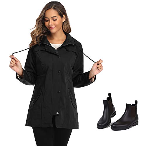 1 Water-resistant Rain Jacket with 1 Ankle Rain Boots for Women (Bundle)