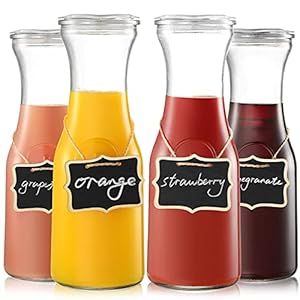 NETANY Set of 4 Glass Carafe with Lid, 1 Liter Beverage Serveware Carafe, Clear Glass Pitcher for Mimosa Bar, Brunch, Cold Water, Juice, Milk, Iced Tea, Lemonade