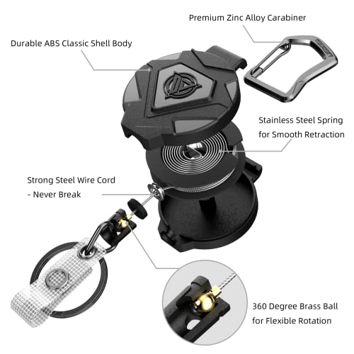 Oaridey Retractable Keychain Heavy Duty, Badge Reels Retractable, Tactical Id Badge Holder With Upgraded Zinc Alloy Carabiner, 31.5'' Coated Steel Cord, Bearing 8.0 Oz- 1 Pack #TOP7