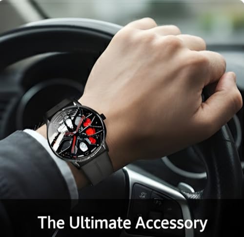 Image of Oculus Men's 3D Car Wheel Rotating Watch, Luxury Sport Quartz with Hollow Hub Dial, Magnetic Silicone Strap, Automotive-Inspired Design, Black Magnetic Straps